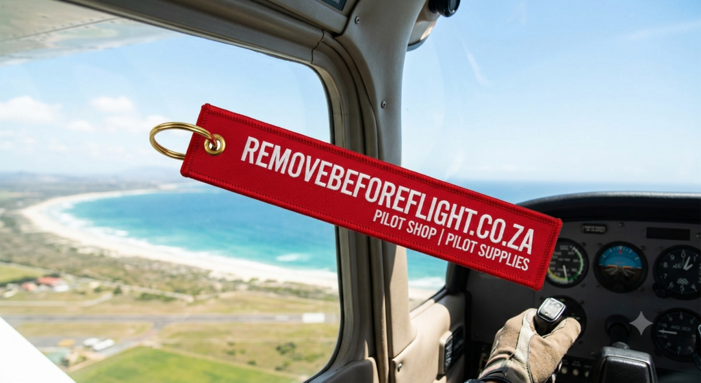 Removebeforeflight View from inside a light aircraft cockpit flying over a scenic coastline and runway. A large, red aviation tag floats in the foreground, embroidered with white text that reads: "REMOVEBEFOREFLIGHT.CO.ZA | PILOT SHOP | PILOT SUPPLIES | ASA CX-3 FLIGHT CALCULATORS". A pilot's gloved hand is visible on the control yoke.