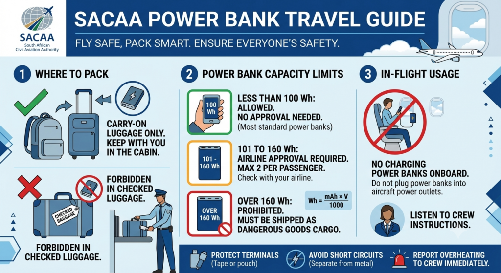 An informational infographic titled "SACAA Power Bank Travel Guide: Fly Safe, Pack Smart. Ensure Everyone's Safety." The image is divided into three main numbered sections against a light blue, aviation-themed background.Header: Displays the South African Civil Aviation Authority (SACAA) logo on the top left, the main title in bold white text, and an illustration of an airplane looking out a cabin window on the top right.Section 1: Where to Pack: Shows a green checkmark next to a backpack and a carry-on suitcase, labeled "Carry-on luggage only. Keep with you in the cabin." Below it, a red "X" and a ban symbol are placed over a checked suitcase being scanned by a security officer, labeled "Forbidden in checked luggage."Section 2: Power Bank Capacity Limits: Uses a color-coded tier system:Green Tier (